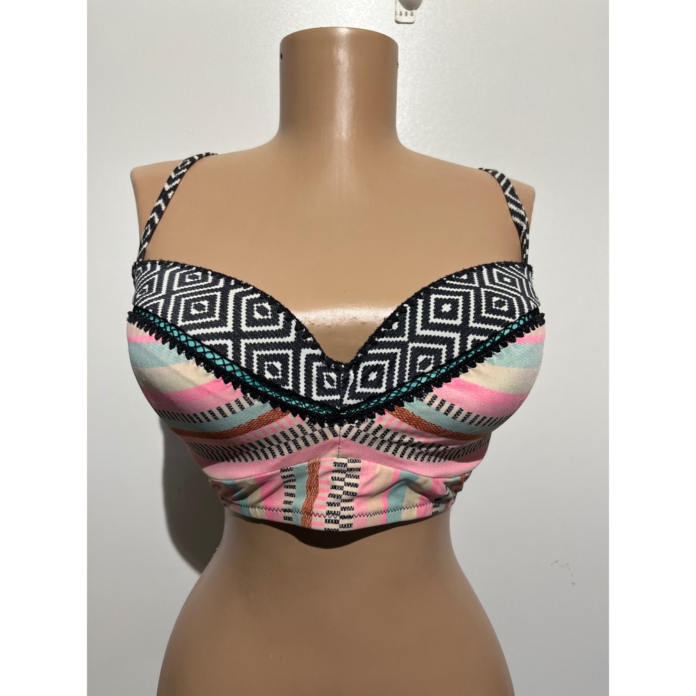 Shade & Shore Women Multicolor Geometric Longline Bikini Set Teal Bottoms Size L
